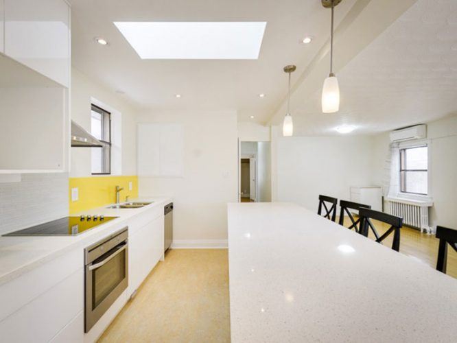 long white island in kitchen