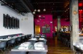 restaurant interior with gray tables